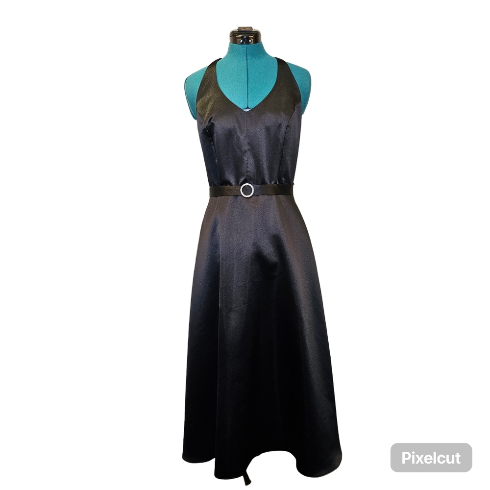 Jessica black satin halter v-neck aline fit and flare midi dress size 10 US